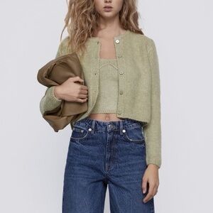 NWT ZARA Pistachio Green Alpaca Blend Knit Cardigan & Tube Top Set M